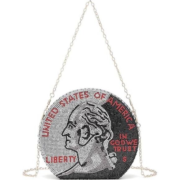 Quarter Coin Purse Handbag Rhinestone Evening Clutch Bag Money Shoulder Strap - Picture 7 of 7